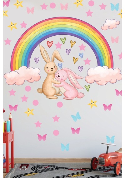 Gökkuşağı Sevimli Tavşanlar Yıldızlar Ve Kalpler Sticker