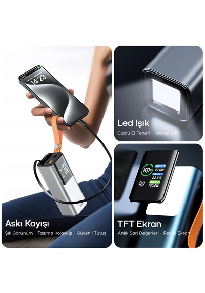 Buff Labs Buff Bp20 100w 20000mah Powerbank Dijital Ekranlı, Makaralı Dahili Type-c Kablo, Hızlı Şarj Metalik Gri