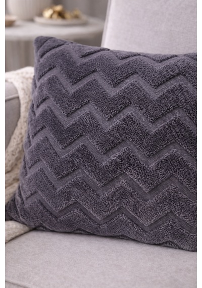 Peluş Dekoratif Kırlent Kılıfı İskandinav Zigzag-balıksırtı 4 Lü Set 42x42 Cm Antrasit Füme
