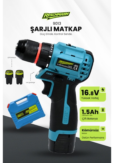 Reschmann R-9013 16,8v Kömürsüz Motor Çelik Mandren 36 Parça Şarjlı Matkap Akülü Vidalama Seti