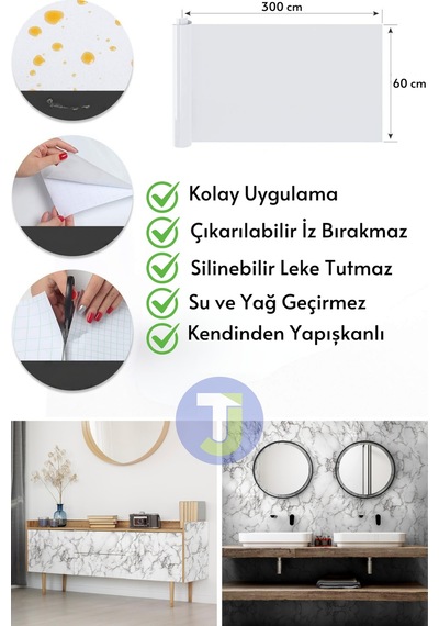 Technojet Kendinden Yapışkanlı Mermer Desen Folyo Mutfak Banyo Tezgah Duvar Kaplama 60cmx300cm Beyaz