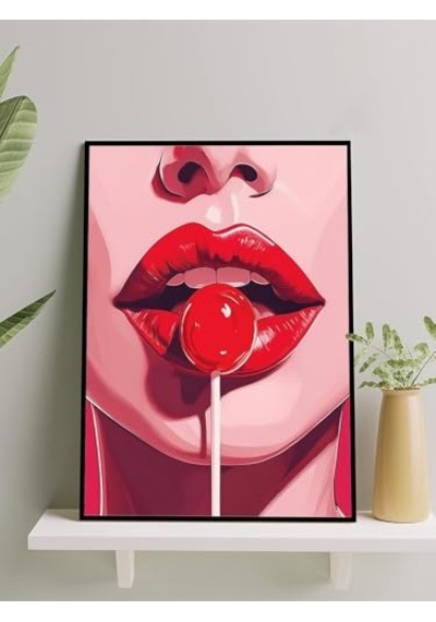 Woman Lip Pop, Kadın Dudak Lolipop Pop Art Çerçeveli Tablo - Çerçeveli Poster, Sanatsal Dekorasyon -
