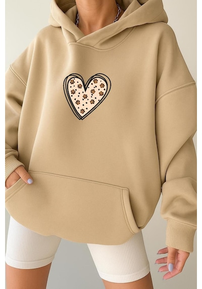 Benroma 3 İplik Penye Kalp Unisex Kapüşonlu Sweat Bej