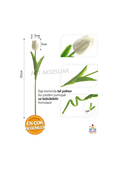 Beyaz Gerçeksi Dokulu Yapay Lale Buketi - 8 Li Islak Lale Seti, 32 Cm Beyaz