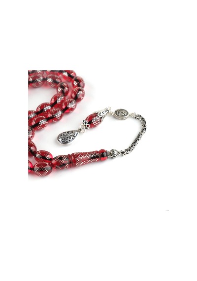 Ateş Kehribar 925ayar Gümüş Çakım Ve Püskül Beyzi Kesim 8.5x12mm Tesbih Kırmızı
