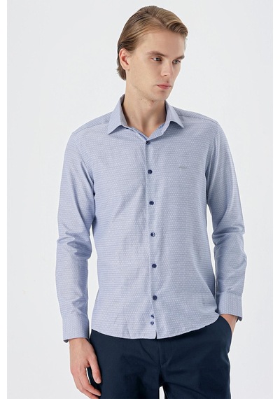 İmza Koyu Lacivert Uzun Kollu Desenli Armürlü Sert Yaka Cepsiz Pamuklu Slim Fit Dar Kesim Gömlek 1004235168-koyu Lacivert Koyu Lacivert
