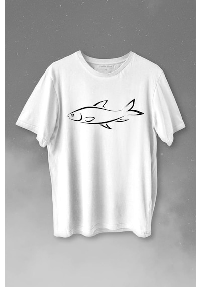 Balik Silüeti Çizimi Fish Vector Baskılı Tişört Unisex T-shirt 001