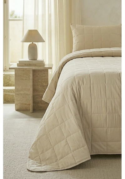 Ocean Home Textile %100 Pamuk Kumaş Kapitoneli Bej Çok Amaçlı Tek Kişilik Yatak Örtüsü Seti 1 Adet 180 X 230 / 1 Adet 50 X 70 Cm