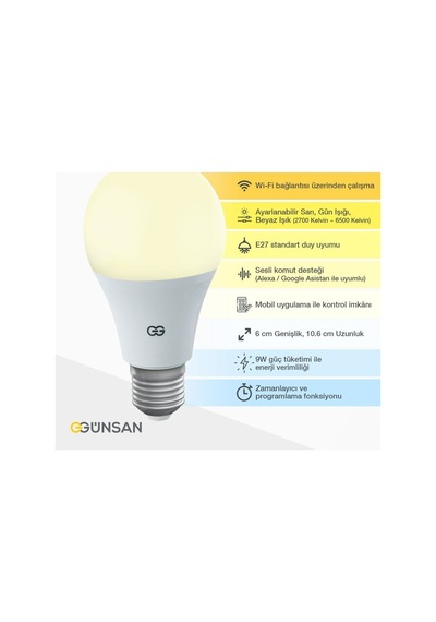 Günsan Akıllı Wifi Led Ampul Beyaz Işık Sesli Komut & Tuya & Smart Life Uyumlu 9w 2700k-6500k Ayarl Diğer