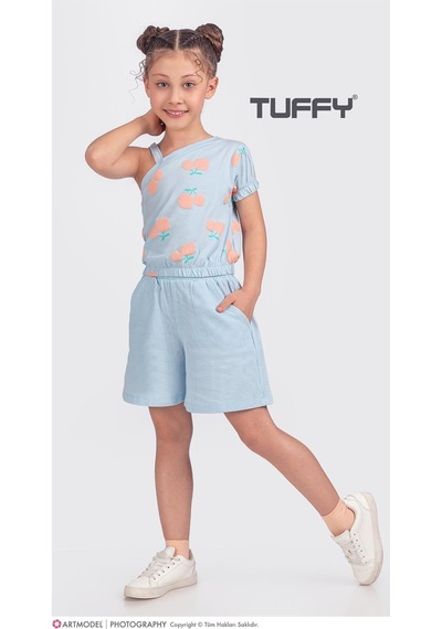 Kıpırık Baby 2'li Kız Çocuk Mavi Kiraz Desenli Şortlu Takım-1197 Mavi