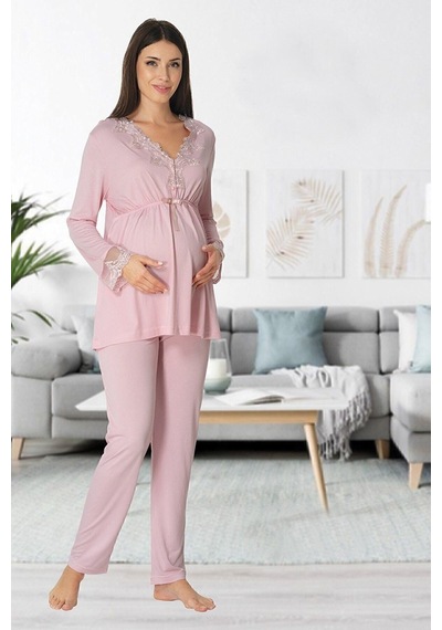 Kaktüslohusa Kadın Pudra Uzun Kollu Hamile Lohusa Pijama Takımı 8092 Pembe