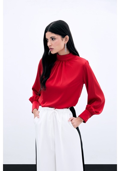 Sateen Yaka Detaylı Saten Bluz - Kırmızı-130536 Kırmızı