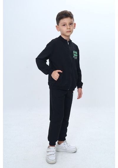 Toontoy Kids Toontoy Erkek Çocuk Göğüsü Kabartma Baskılı Fermuarlı Eşofman Takım Siyah