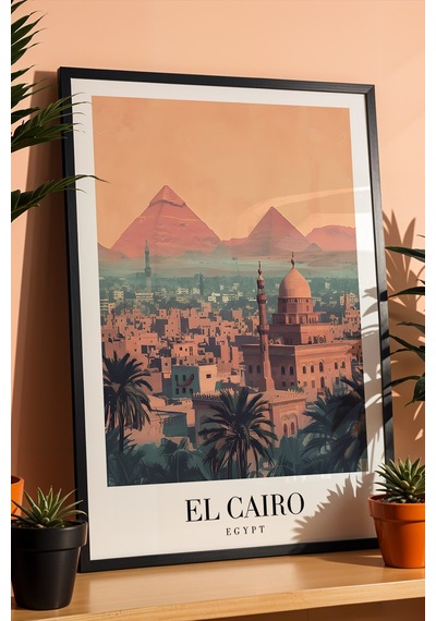 Cairo Egypt Vintage Seyahat Posteri Çerçeveli Tablo - Premium Piramitler Elit Duvar Dekoru Siyah