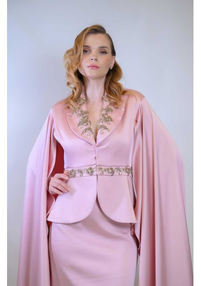 Crystalia Hürrem Model Pelerin Kol Detaylı Saten Takım Çok Renkli