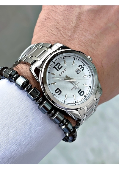 Casio Gümüş Silver Renk Çelik Kordon   Spor Metal Erkek Kol Saati + Bileklik Hediyeli Nda97