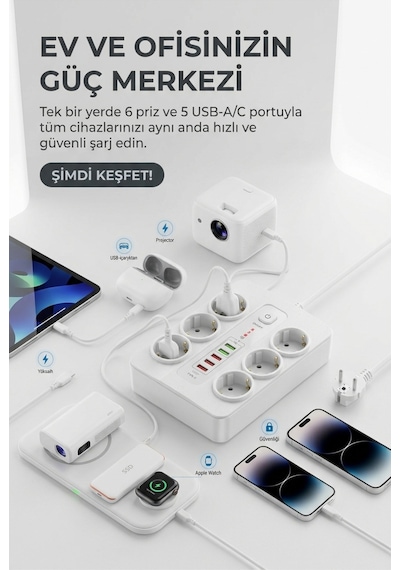 Termal Akım Korumalı 3000w 6 Lı Priz 2m Kablo 5 Usb + 1 Type-c Pd Hızlı Şarj - 936827116