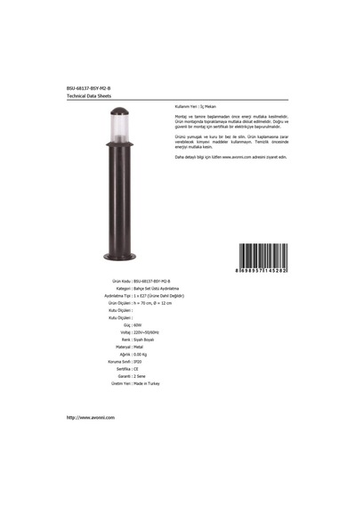 Avonnı Bsu-68137-bsy-m2-b Siyah Elektrostatik Toz Boyalı Dış Mekan Aydınlatma, E27, Aluminyum, Polikarbon Cam, 12cm Sku: Smgstkb85512da72