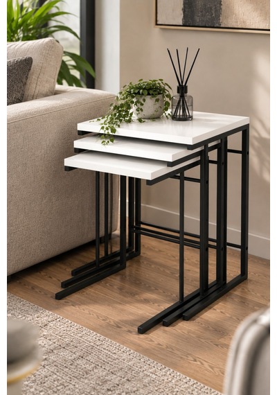 Sulorahome 3'lü Beyaz Zigon Sehpa Seti Metal Ayaklı Kare Tasarım
