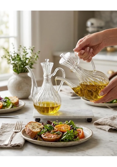 2li Cam Yağdanlık 750ml +750 Ml Glory Çizgili Mermer Stantlı Borosilikat Sirkelik El Üretimi Yağ, Sirke Ve Sos Şişesi Şeffaf