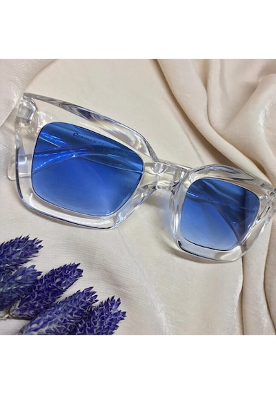 Cat Eye Kristal Şeffaf Kadın Güneş Gözlüğü  Mavi Cam