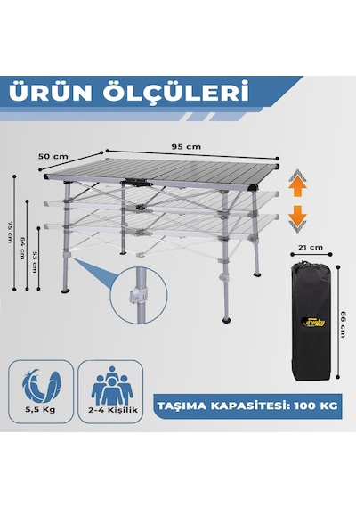 Funky Chaırs Hercules Katlanabilir Alümiyum Kamp Masası 95x50x75 Cm Siyah