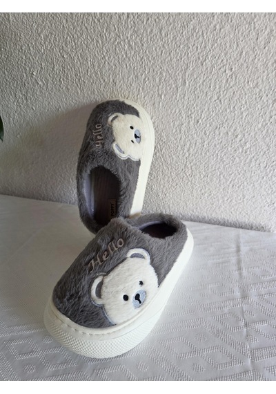 Kadın Ayıcık Desenli Rahat Peluş Ev Terliği 25bnt132 Gri