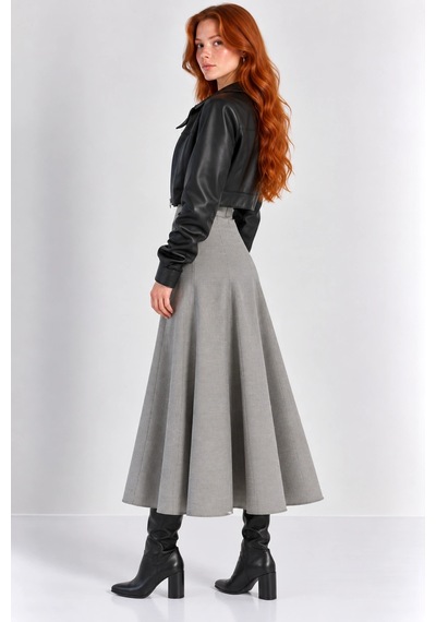 Mevese Kadın Yüksek Bel Kemerli A Kesim Uzun Etek - Bej-siyah