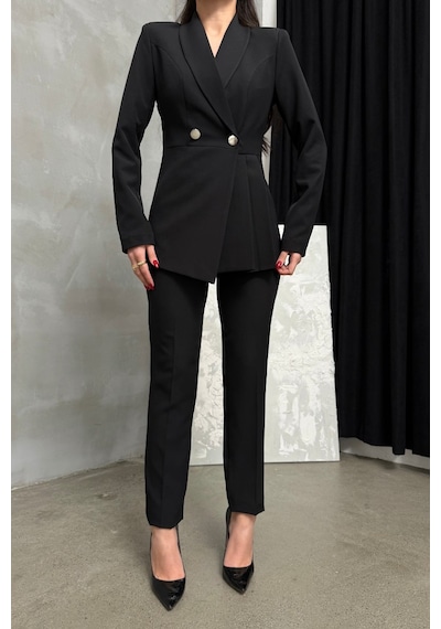 Msm Fashion Kadın İkili Blazer Ceket Pantolon Takım Pile Ve Düğme Detaylı Boru Paça Siyah