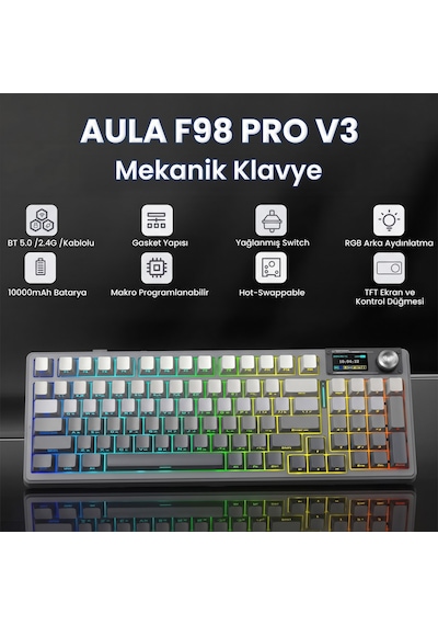 Aula F98 Pro V3 Oled Ekranlı Crystal Switch Makrolu Kablosuz Rgb Hot-swap Gasket Pre-lubed Switch Mekanik Klavye Gradyan Gri