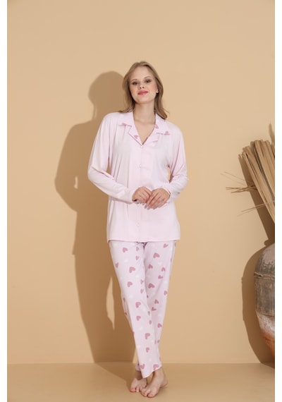 Lukitus Gömlek Yaka Düğmeli Milan Kumaş Uzun Kol Kadın Pijama Takımı Açık Pembe