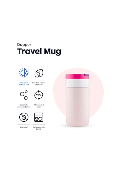 Dopper Travel Mug Yalıtımlı Termos Bardak 300 Ml - Çilek Pembesi Açık Pembe / Beyaz