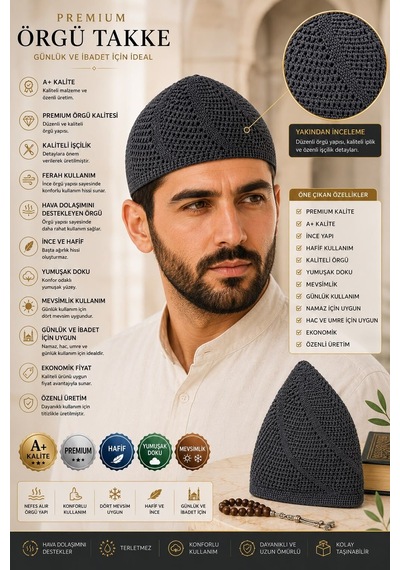 Premium Örgü Takke Nefes Alan İnce Ve Hafif Erkek Takkesi Füme Yeşil