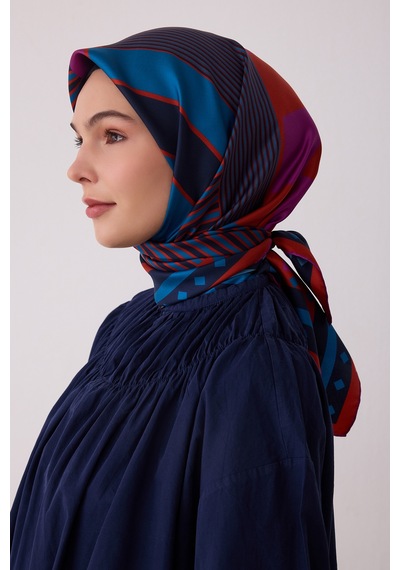 Belli Geometrik Desen %100 Twill İpek Eşarp Be01 Petrol