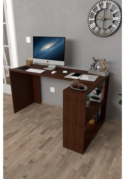 Ceviz Metal Kitaplıklı Çalışma Masası Çok Renkli