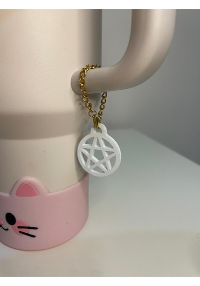 Pentagram Model Quencher Termos Bardak Aksesuarı Zincirli Dekoratif Süs Beyaz