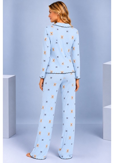 Pijamask Kadın Desenli Fiyonk Detaylı Düğmeli Uzun Kollu Müslin Pijama Takımı Mavi-21