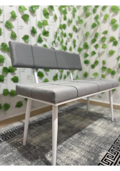 Özcan Metal Beyaz Metal Ayaklı Sırtlı Gri Mutfak Salon Antre Yatak Odası Puf Bank Oturak Bench Gri