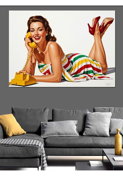 Vintage Pin-up Telefonla Konuşan Kadın Dekoratif Kanvas - Mdf Ahşap Tablo