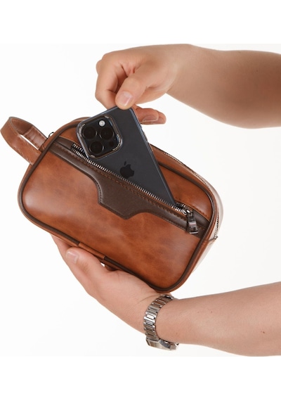 Newish Polo Crazy Desenli Suni Deri Portföy-clutch Traşlık Ve El Çantası Günlük, Seyahat Taba
