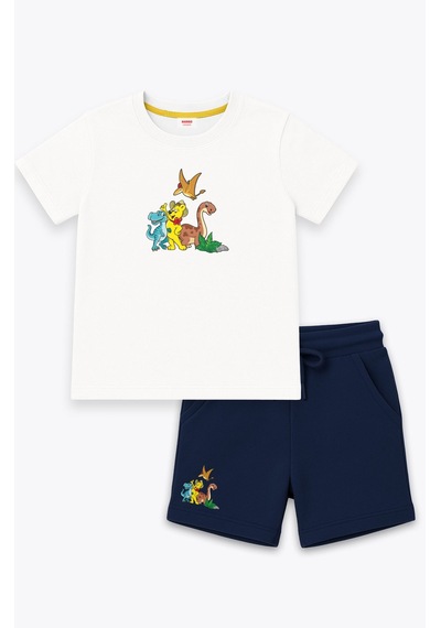 Haribo Lisanslı Dinozor Baskılı T-shirt Şort Takım Beyaz
