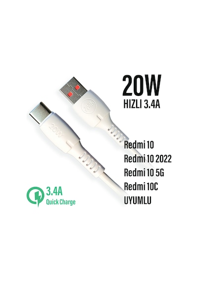 Redmi 10 - 10c - Redmi 10 5g Uyumlu 20w Type C Hızlı Şarj Kablosu