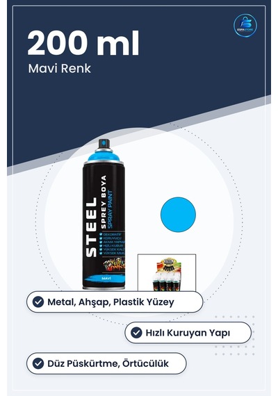 Steel Mavi Sprey Boya 200 Ml Metal Ahşap Plastik Yüzeyler İçin De