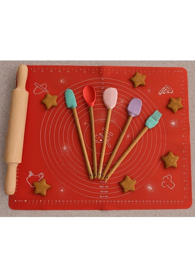 Büyük Boy Silikon Hamur Matı İle Birlikte Ahşap Saplı 5"li Spatula Seti Kolay Kullanım Silikon Çok R Diğer