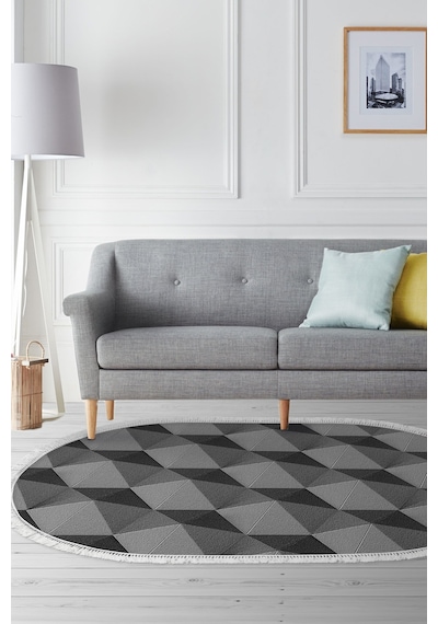 Kaymaz Dijital Mutfak & Salon Halı Trend Saçaklı Oval Geometrik E5010 gri