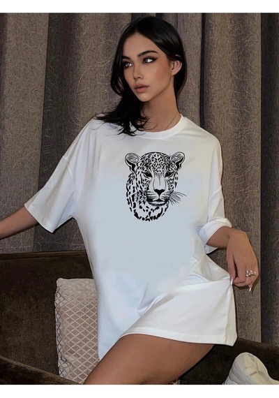 Startmore Kadın Beyaz Leopar Figür Baskılı Oversize T-shirt Beyaz