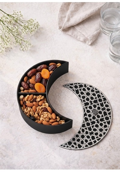 Ramazan Temalı Hilal Form Siyah&silver Dekoratif İftariyelik Sunum Kasesi