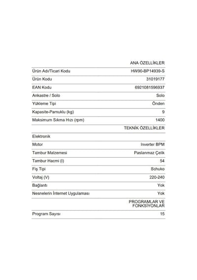 Haier HW90-BP14939-S 1400 Devir 9 Kg Çamaşır Makinesi