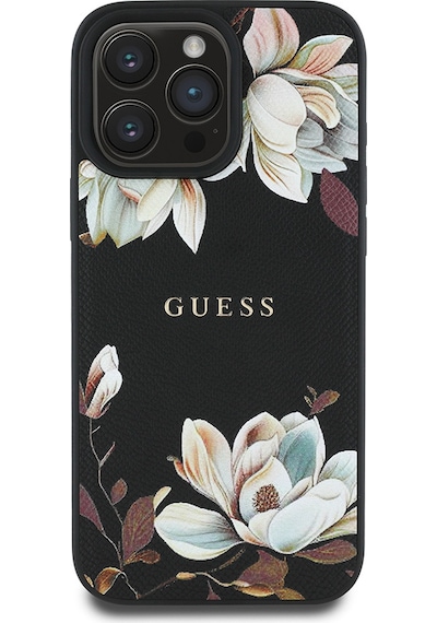 Apple Uyumlu iPhone 15 Pro Max Kılıf Guess Lisanslı Magsafe Özellikli Çiçek Tasarımlı Metal Logolu Kapak Siyah