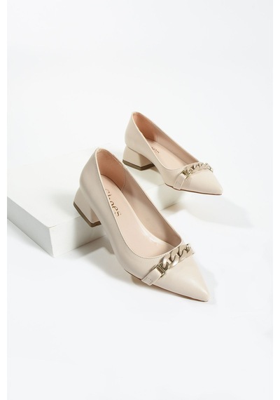 Duxal Shoes Siyah Zincir Detay Kadın Topuklu Ayakkabı Bej